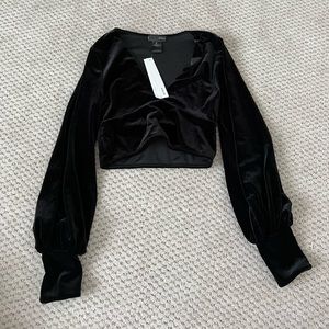 Aqua Black Velvet Long Sleeve Crop Top Size Small